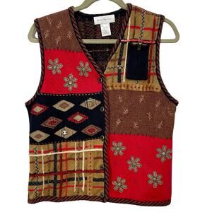 Vintage Y2K Susan Bristol Fall Embroidered Mixed Media Knit Vest Size Medium